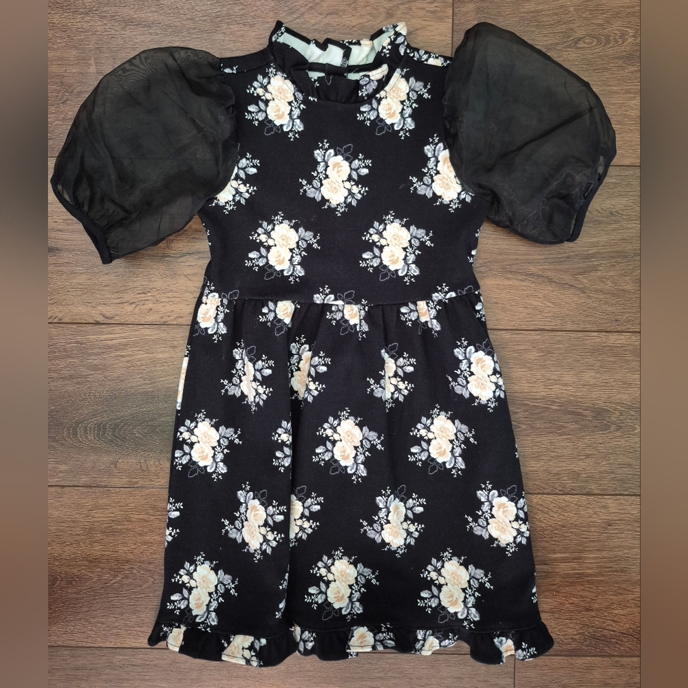 NEW Janie and Jack Black Floral Puff Sleeve Ponte Dress Sz 6